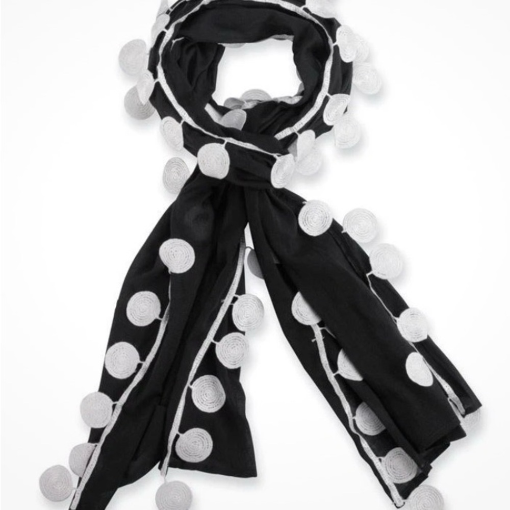 Mud Pie Black Scarf with White Pom Accents